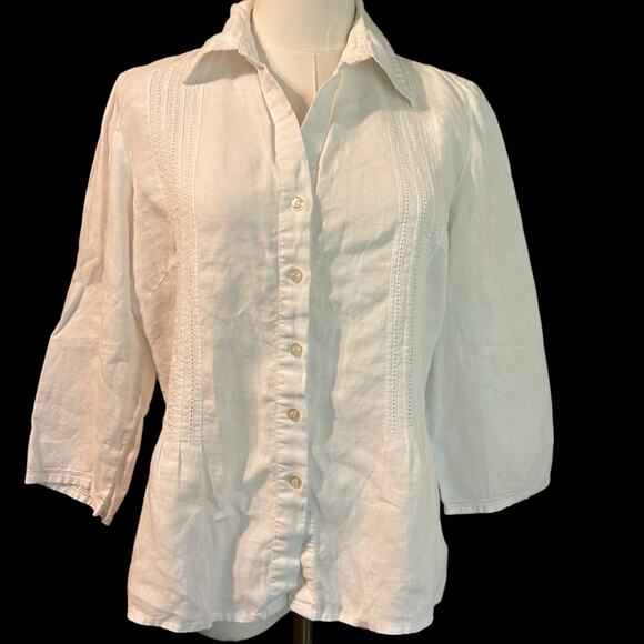 Saint Tropez West 100% Linen Size Med White Tunic Crochet V Neck Boho Chic Beach - Picture 2 of 10